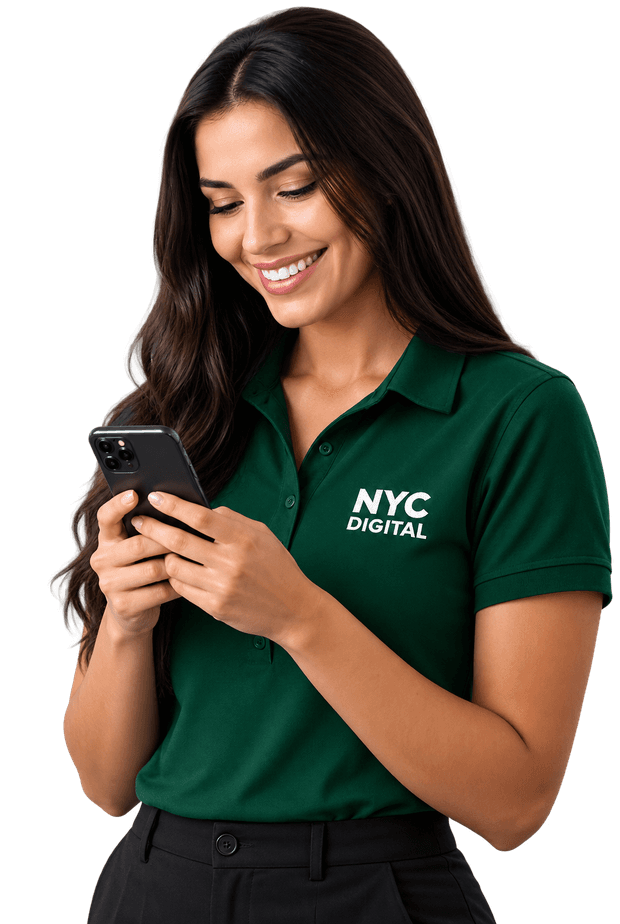 Atendente da NYC Digital sorrindo enquanto usa o celular